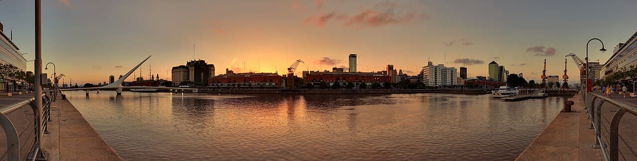 Puerto Madero waterfront at sunset in Buenos Aires.