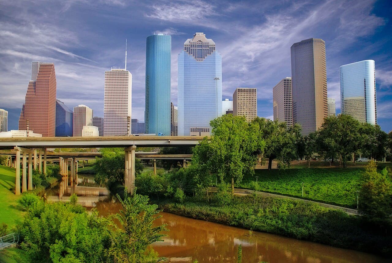 Downtown Houston skyline beside Buffalo Bayou.